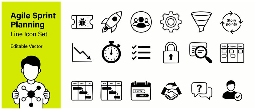 Agile sprint planning icon set featuring project management tools, software development workflow elements, scrum methodology symbols, and task tracking illustrations in clean editable vector format.