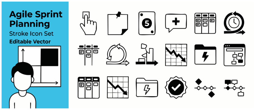 Agile sprint planning icon set with editable stroke vector line style. Professional black icons for project management, software development, kanban board, scrum task, and workflow process workflows.