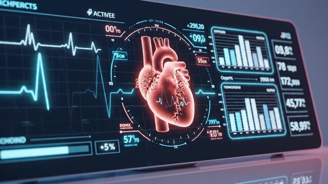 Digital health dashboard displaying animated 3d heart model and clinical statistics data