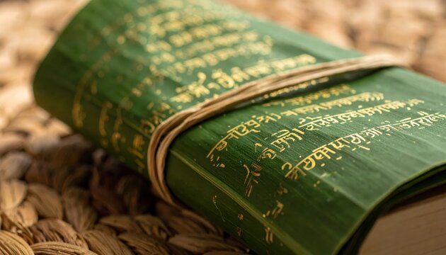 Detailed close up of a meticulously transcribed Sanskrit text on a green palm leaf manuscript tied with natural fiber
