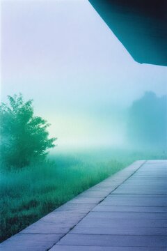 an old train station at dawn, with green and yellow tones