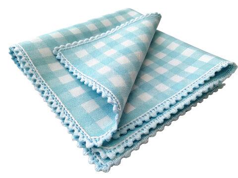 Light blue gingham checkered fabric napkin on white background