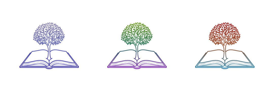 Three colorful trees growing from open books