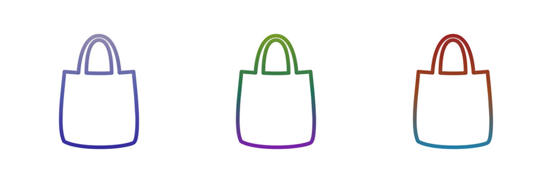 Three colorful tote bag icons with gradient line art
