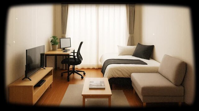 A 10-second seamless loop video featuring a small apartment room that appears to belong to a young man. Vintage 8mm film effects such as vertical scratches, dust particles, heavy film grain, flicker, 