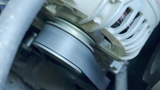 The dark rubber belt rotates at high speed around the alternator pulley. This intense mechanical movement produces a continuous, roaring engine sound.