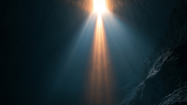 Deep Cave Interior With Dramatic Light Beam Penetrating From Above Through Rocky Underground Void