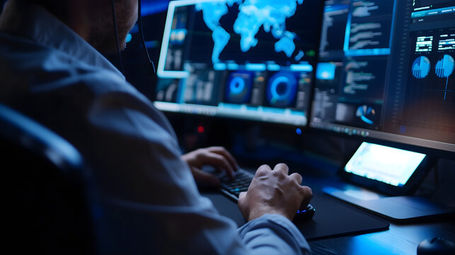 A professional IT expert or hacker working in a dark room with multiple high-resolution screens displaying global maps, digital code, and security analytics, representing cybersecurity and big data
