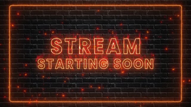 stream starting soon neon lights text and fire sparks burning on brick wall animation, gamer streaming and broadcasting social media motion design element