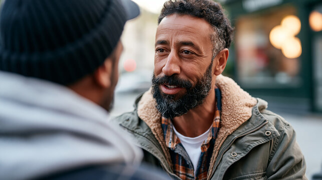 A North African man talks softly with a friend on a bright street corner wearing layered casual style in natural daylight street talk open face urban location natural light