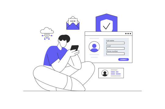 User Verification Form and Protected Data Privacy Access. Male Character Login with Smartphone Near Secure Registration Website Interface. Flat Cartoon Vector Illustration, icon Stylish abstract web