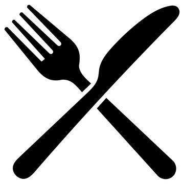 Crossed fork and knife icon, restaurant tableware silhouette isolated on white