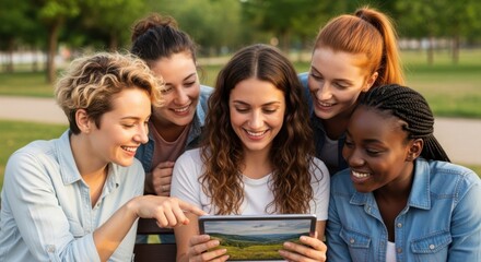 Obraz premium happy young women looking at tablet in park