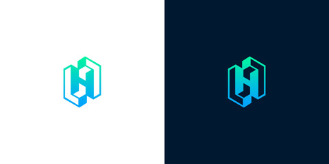 Fototapeta premium Geometric H Letter Logo Design with Blue and Green Gradient on White and Dark Blue Backgrounds