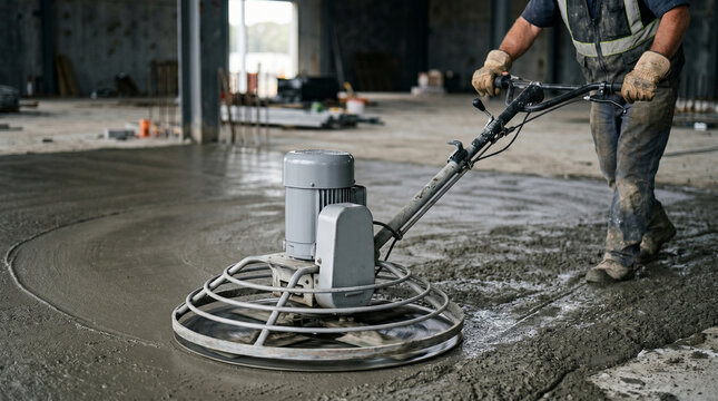 Close-up of a construction worker using a mechanical electric power trowel to level and smooth a freshly poured concrete floor, minimalist industrial background