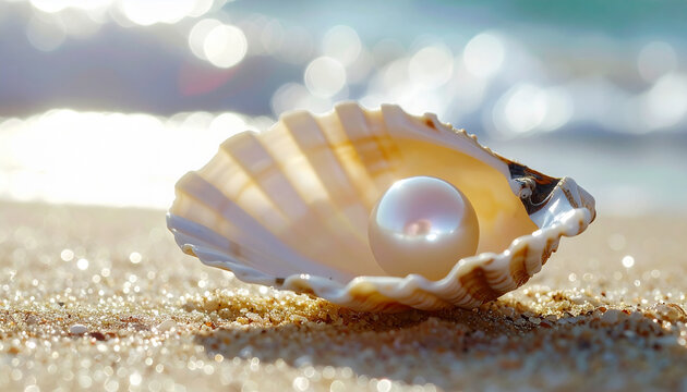 Luminous pearl resting inside open seashell on sandy beach, ocean waves blurred in background, summer season concept. Close-up.