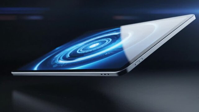 Futuristic tablet device with glowing blue digital interface and data visualization tech