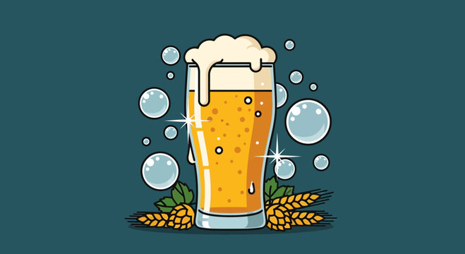 Illustration of a Refreshing Glass of Cold Beer with Hops and Barley