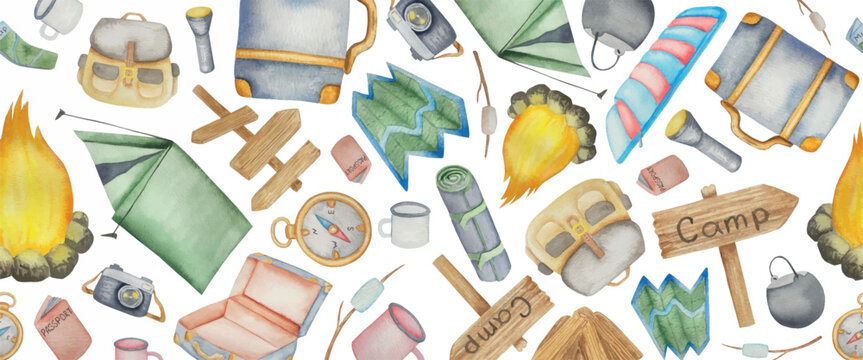Camping elements watercolor hand drawn illustration. Travel clipart elements set isolated on white background. Road sign, travel map, compass, mug, camera. Concept for trip, journey, campsite design
