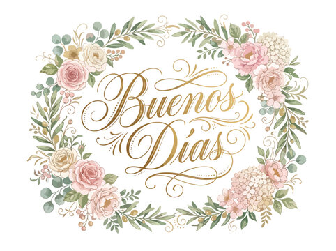 Beautiful floral wreath with pink roses and green leaves around a golden Buenos Dias greeting