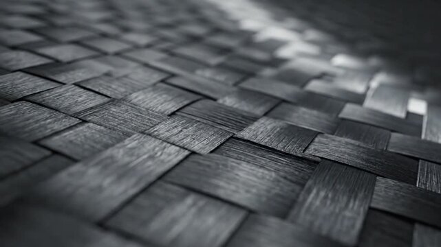 Detailed close up of black carbon fiber weave texture with light reflection patterns.