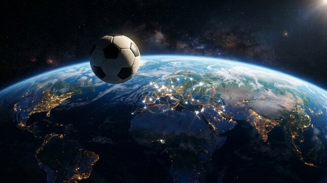 Football Floating Above Earth with Glowing Stadium Lights, Global Championship Concept