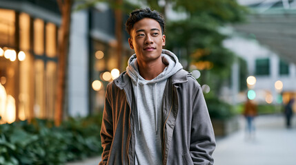 Fototapeta premium A candid Asian man walks softly through a bright shopping district wearing trend focused streetwear in natural daylight district walk open face urban location natural light