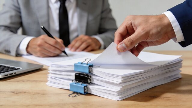 Executive signing legal contract documents with pen while partner hands over stack of papers, business deal agreement and corporate paperwork process in professional office
