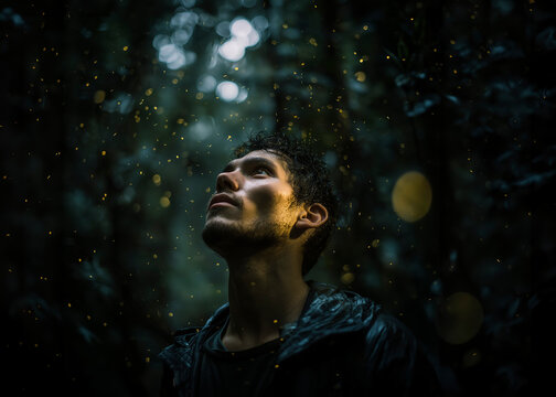 Person looking up at fireflies in a dark tropical forest