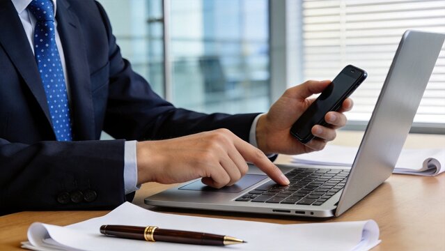 Businessman multitasking with smartphone and laptop computer in modern office, checking messages and managing work tasks simultaneously for efficient productivity and professional