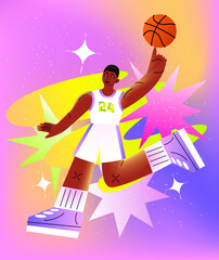 An illustration of a basketball player on a purple and orange background. © Valentyna