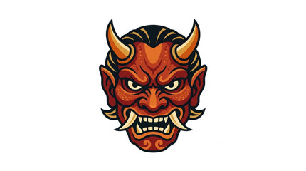 Obraz premium Japanese Oni Mask Illustration Fierce Demon Face.