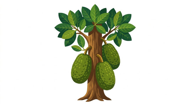 Jackfruit tree with ripe green fruits hanging from branches.