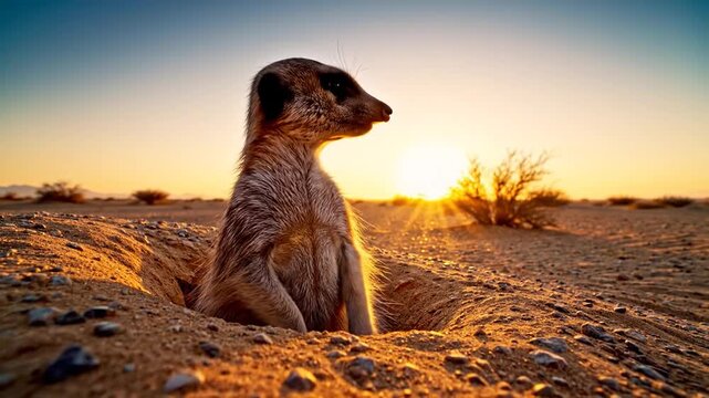 A Curious Meerkat Emerges From Its Burrow At Sunrise In The Desert Landscape