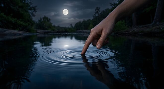 Finger Touching Calm Water Surface Creating Ripples under a Full Moon, Serene Night Lake Landscape Concept