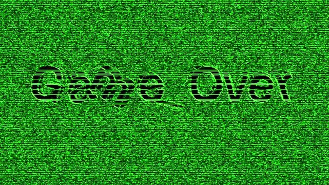 Game Over 3D text animation with heavy distortion and glitch screen effects