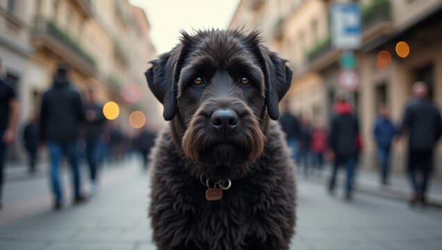 Black dog with fluffy fur stands on a cobblestone street, blurred pedestrians walking in the background, warm lights illuminating the urban scene