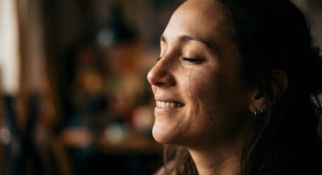 Close-Up of Happy Woman Crying with Tears of Joy, Smiling with Closed Eyes in Emotional Moment