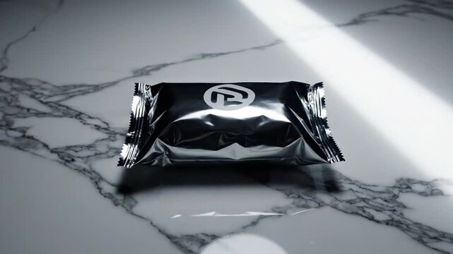 Silver metallic snack food packaging pouch on a luxury white marble stone surface