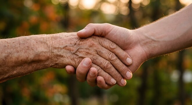 Intergenerational Handshake: Close-Up of Young and Senior Hands Greeting Each Other