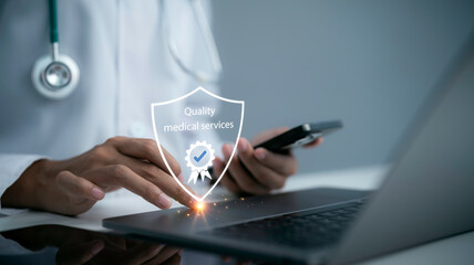 Fototapeta premium Quality medical services concept with healthcare excellence patient care standards clinical quality assurance healthcare certification service reliability and digital healthcare management
