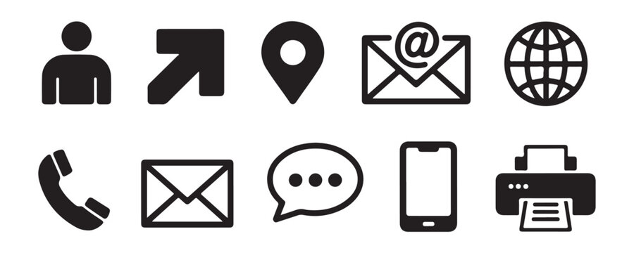 Contact us icons set with human avatar, arrow, location pin, email, globe, phone, message bubble, mobile, printer.