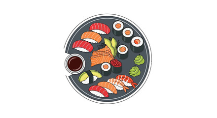 Assorted Sushi Platter Illustration with Sashimi and Rolls © Ahmad Ahh