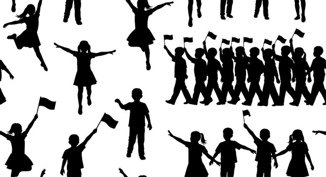 Children marching and dancing with flags in seamless silhouette