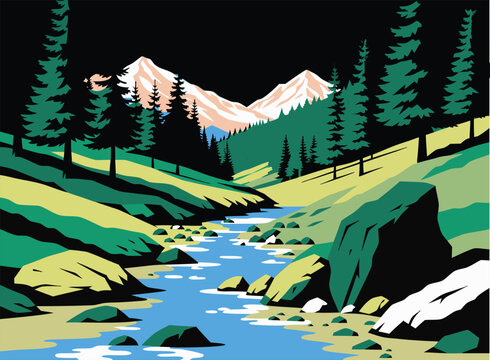 Vintage mountain river landscape vector illustration for travel design