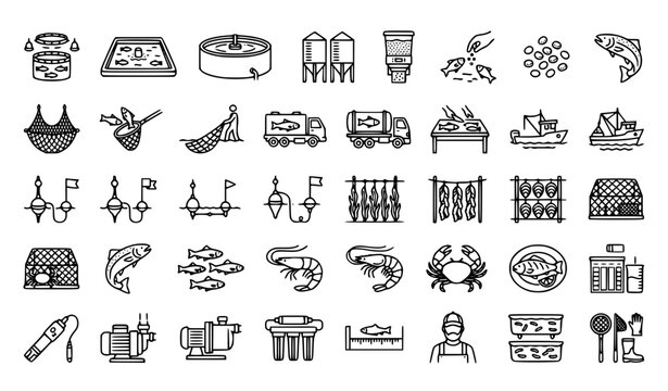 Minimal food fish farm icon set with aquaculture seafood and marine farming symbols for web design