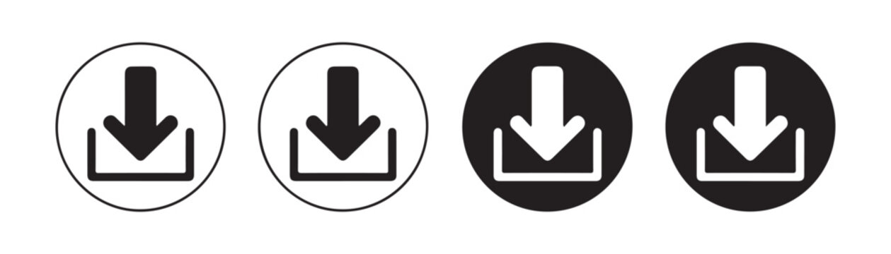 Circle download button set with arrow pointing down into tray for website interface and mobile applications.