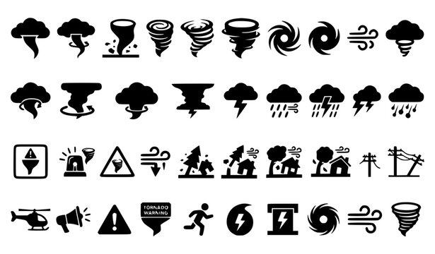  Minimal tornado black icon set with cyclone storm and weather disaster symbols for web design