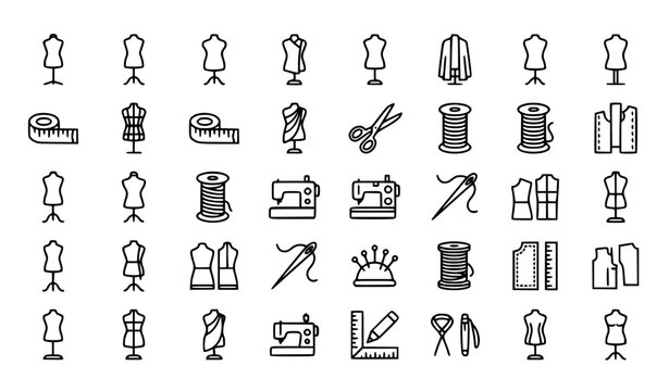 Minimal mannequin atelier icon set with fashion dress form and tailoring studio symbols for web and UI design