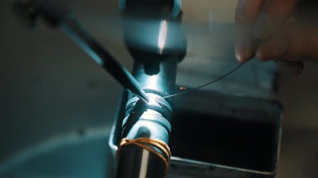 Close-up precision welding on a metal tube with filler wire under bright illumination, showing small sparks, steady hands, and a secured clamp during meticulous fabrication in an industrial workshop.
